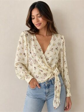 Zara Cream Floral Wrap Blouse with Side Tie